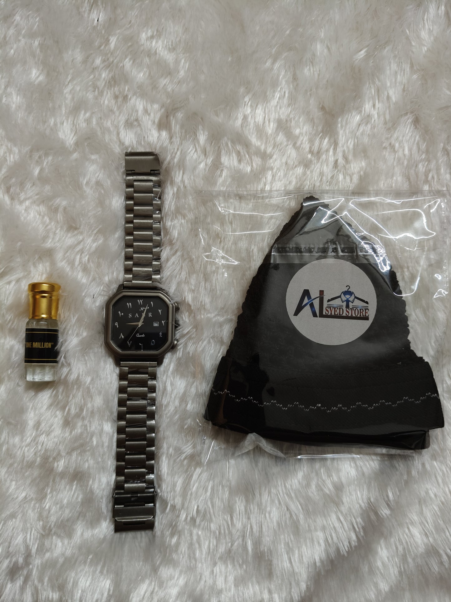 BLACK KUFI CAP/ ONE MILLION ATTAR / SABR WATCH CAMBO