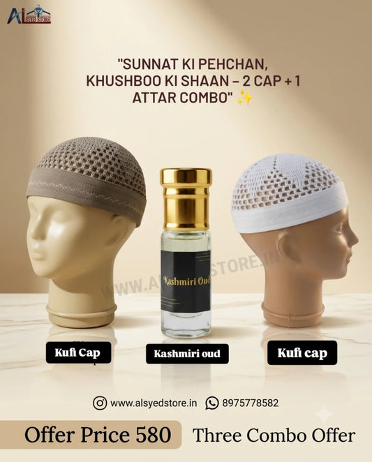 Dimashq Premium Kufi Caps (2 Pack) +Kashmiri Oud Attar Combo | Islamic Cap for Men + Alcohol-Free Attar Gift Set