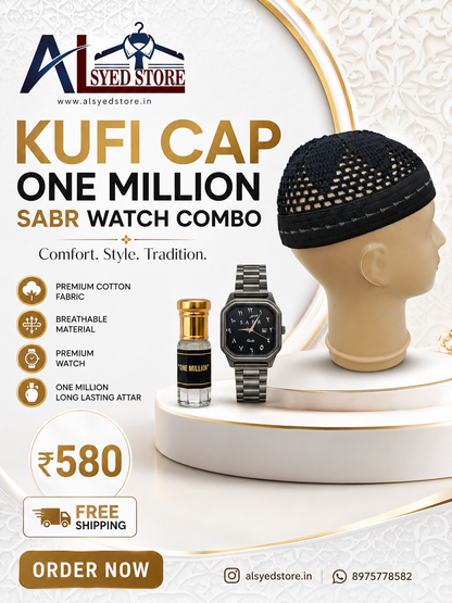 BLACK KUFI CAP/ ONE MILLION ATTAR / SABR WATCH CAMBO