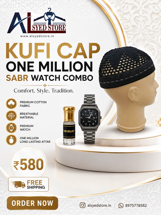 BLACK KUFI CAP/ ONE MILLION ATTAR / SABR WATCH CAMBO